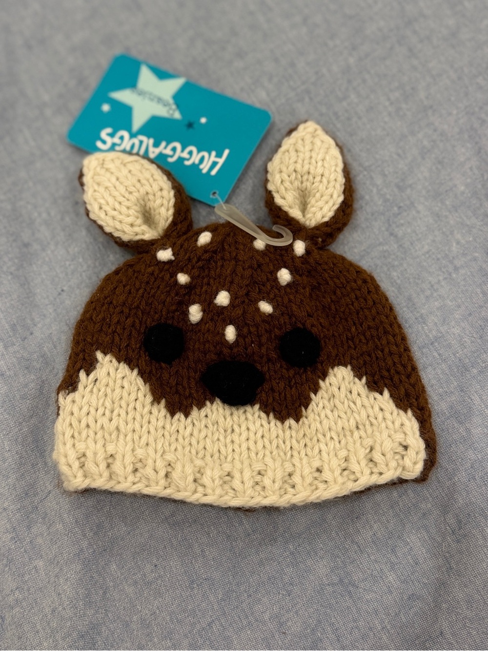 NWT Hand Knit Brown & Cream Fawn Baby Hat by Huggalugs 0-6 Mos
